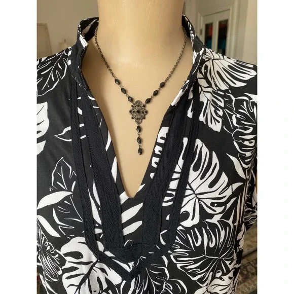 Stella Parker Black White Tropical Monstera Leaf Sleeveless Shift Dress Large - Picture 4 of 11